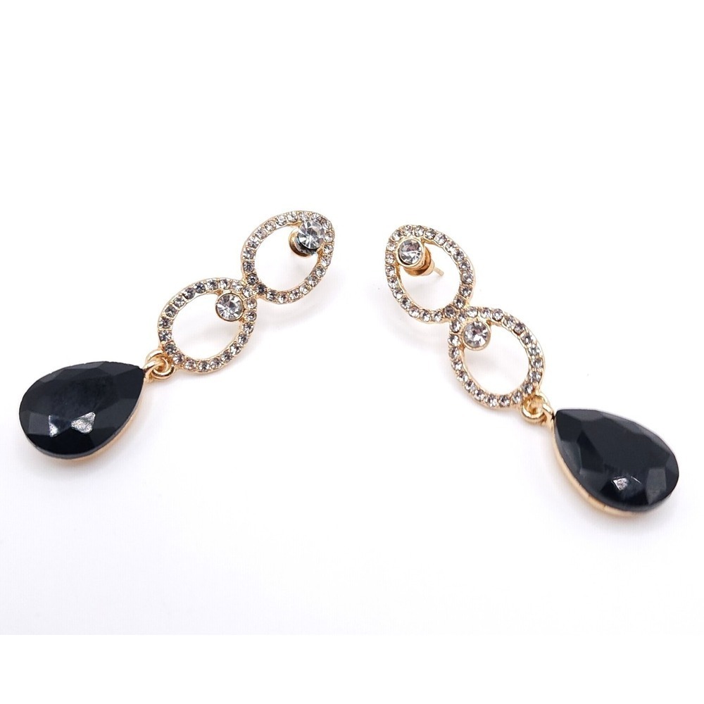 Black Clear Rhinestone Dangle Earrings Gold